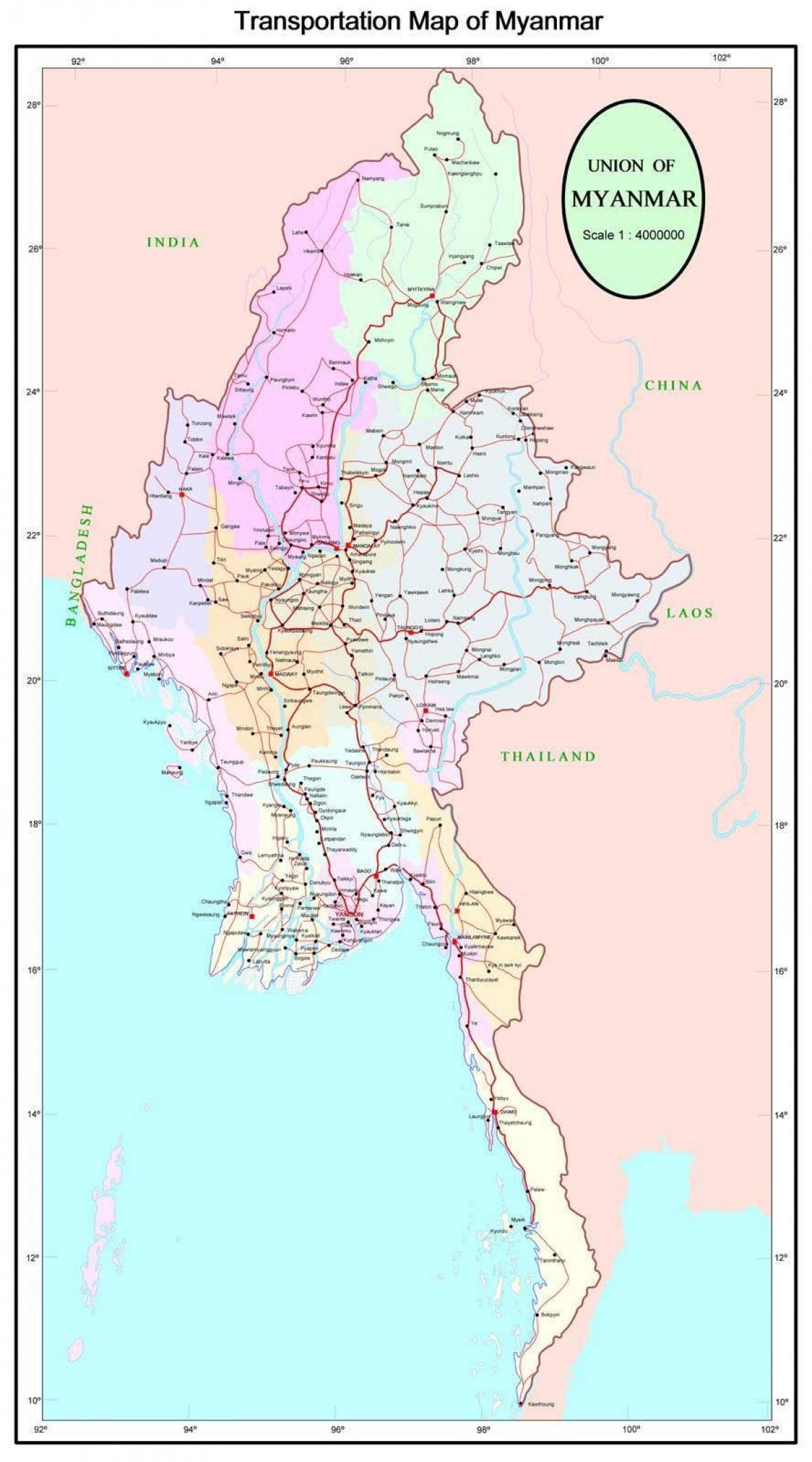 Autostrady Myanmar Drogowa mapa